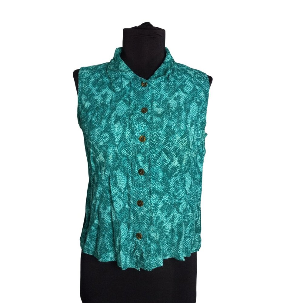 Carole Little Size M Blouse Womens Sleeveless Button Up Teal Snake Print Vintage